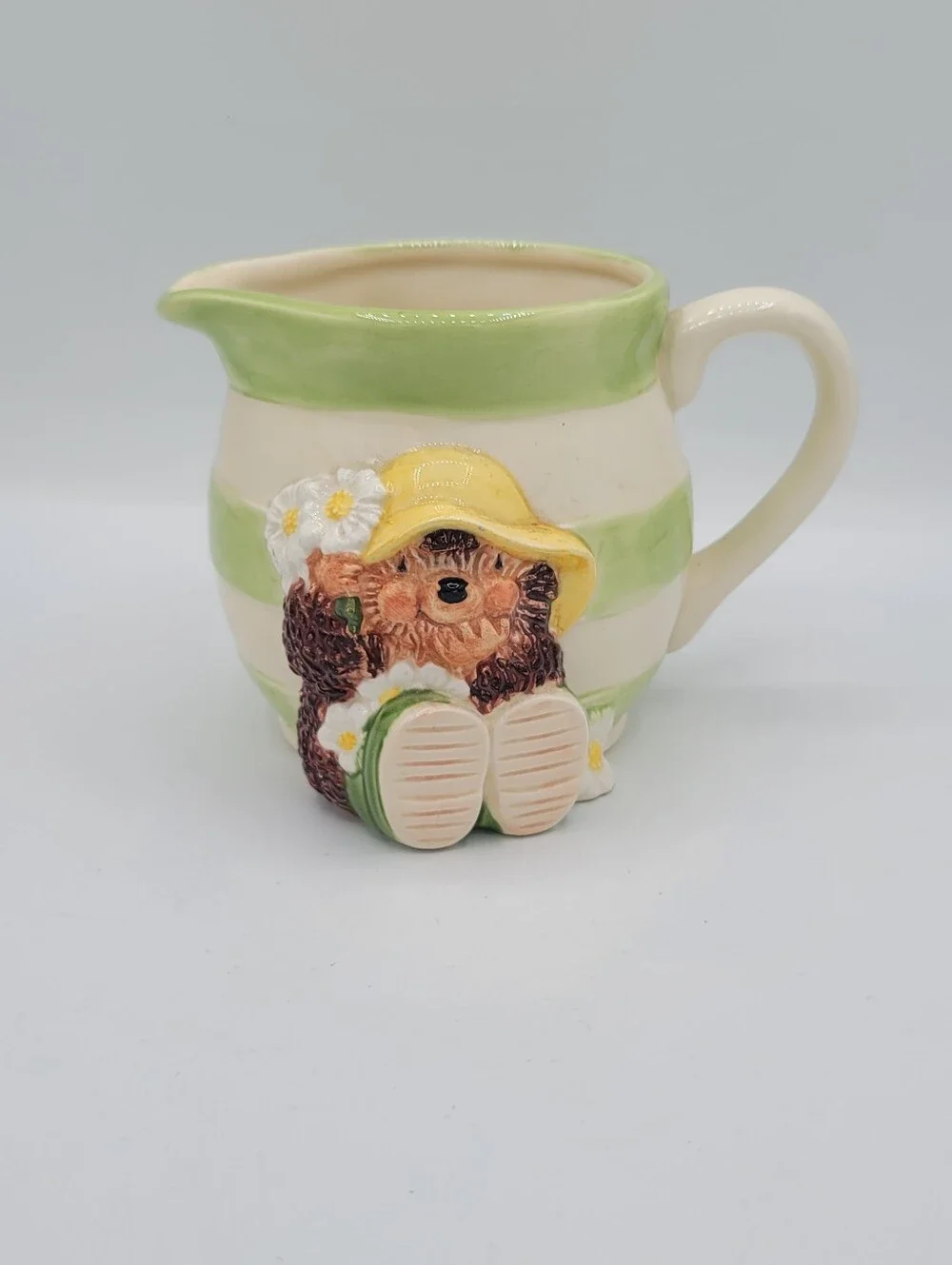 Country Companions Hedgehog Creamer Milk Jug Green Stripe Daisy Ceramic Pitcher
